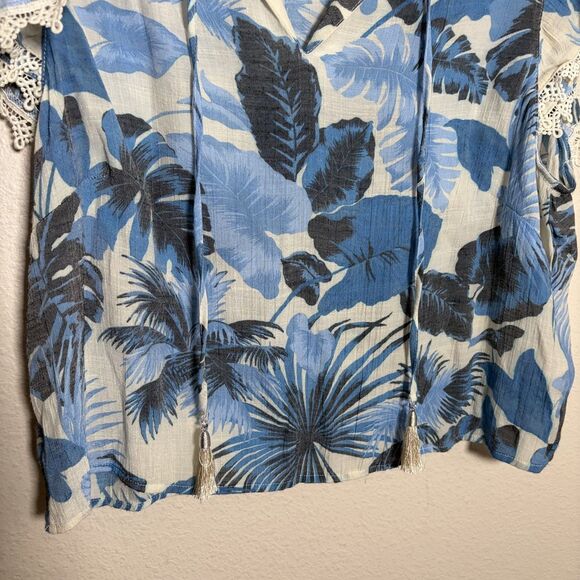 Nanette Lepore Blouse Women's Large Blue V-Neck Ruffle Lace Sheer Vacation Top - Picture 3 of 8